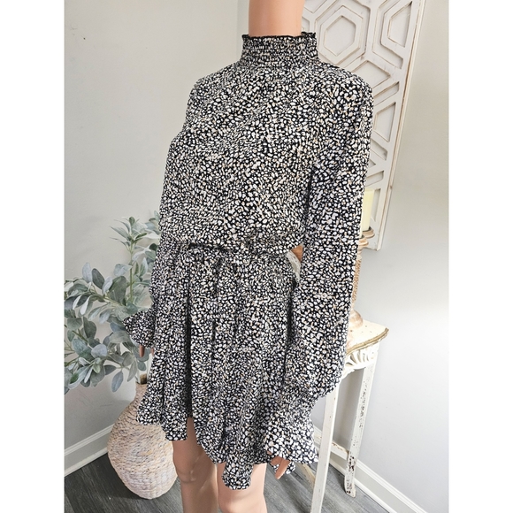 Influence Fashion Black All Over Print Mock Neck Ruffle Hem Mini Dress Size 12UK - Picture 5 of 9